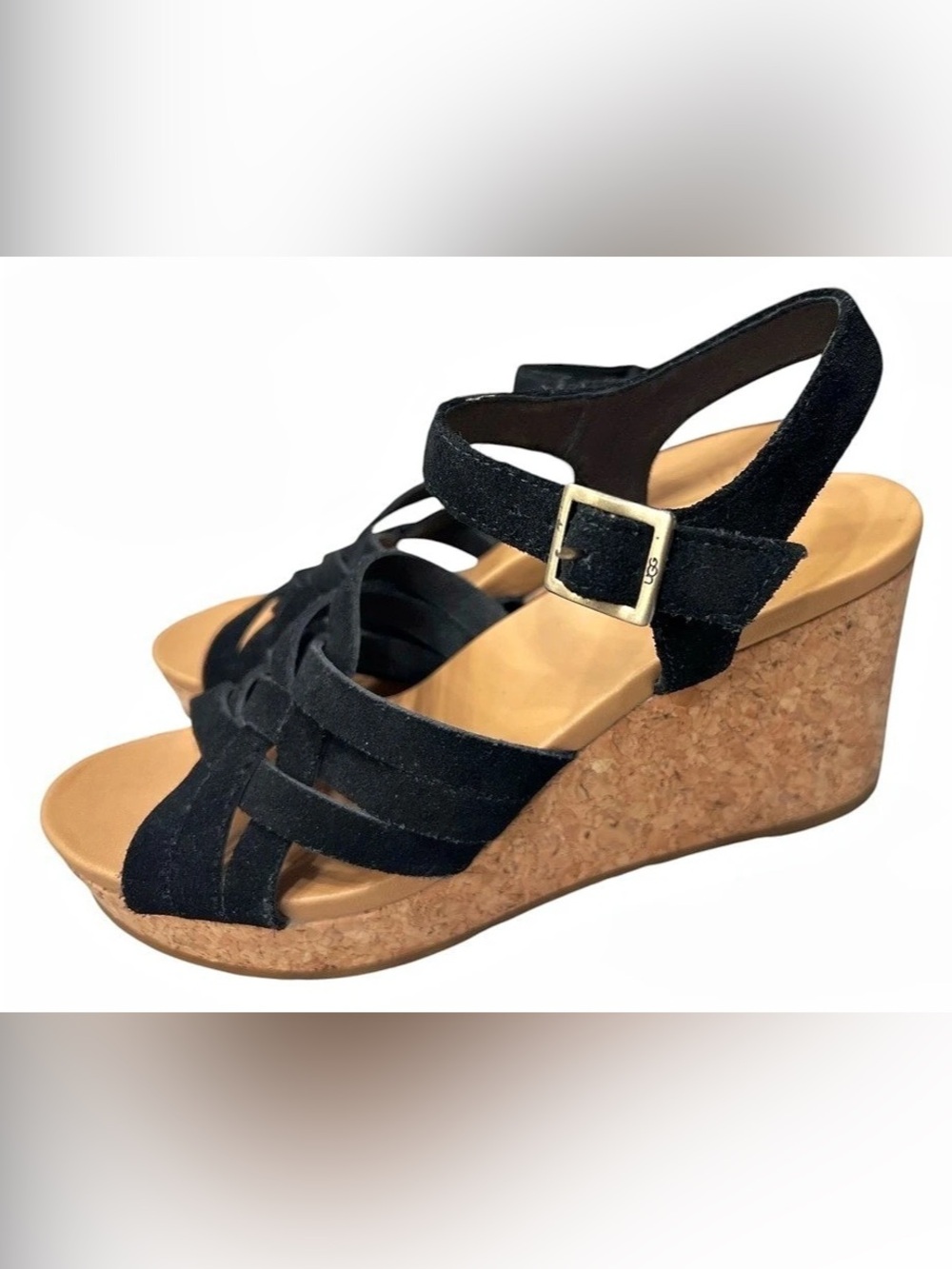 UGG Black Suede Cork Wedge Sandals Strappy Ankle Strap Womens Size 7.5 1019892